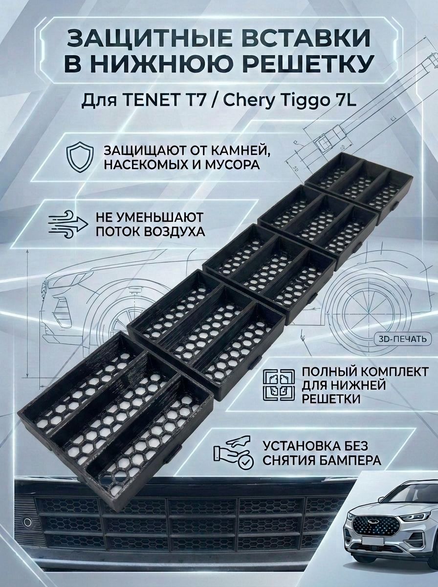Вставки СОТА в нижнюю решетку бампера/ защита радиатора для Tenet T7 / Тенет Т7 / Chery Tiggo 7L Ричмарк — фото 1