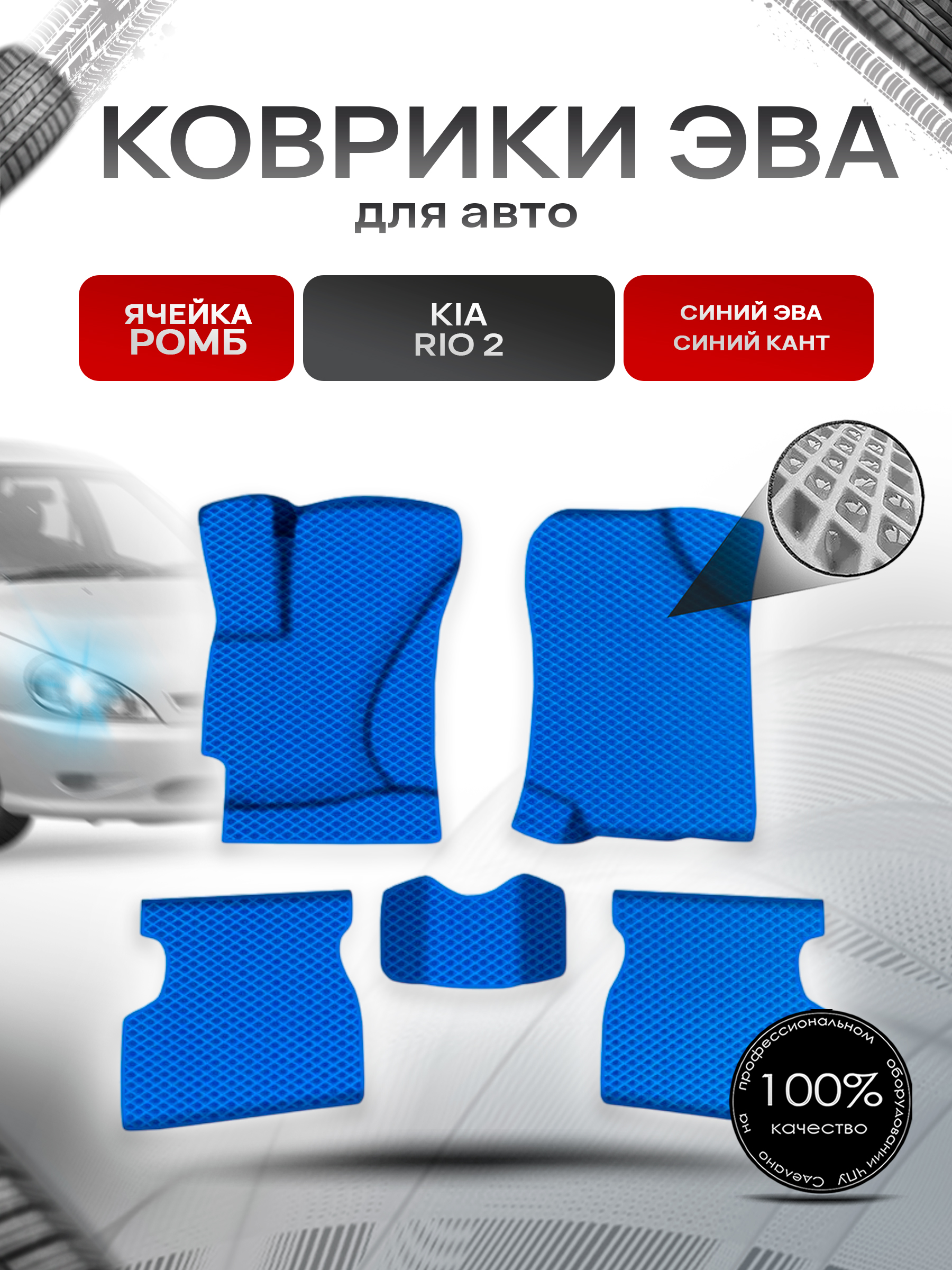Коврики ЭВА Ромб для авто Киа Рио / Kia Rio 2 2005-2011 Г.В. Синий с Синим кантом. Ричмарк — фото 1
