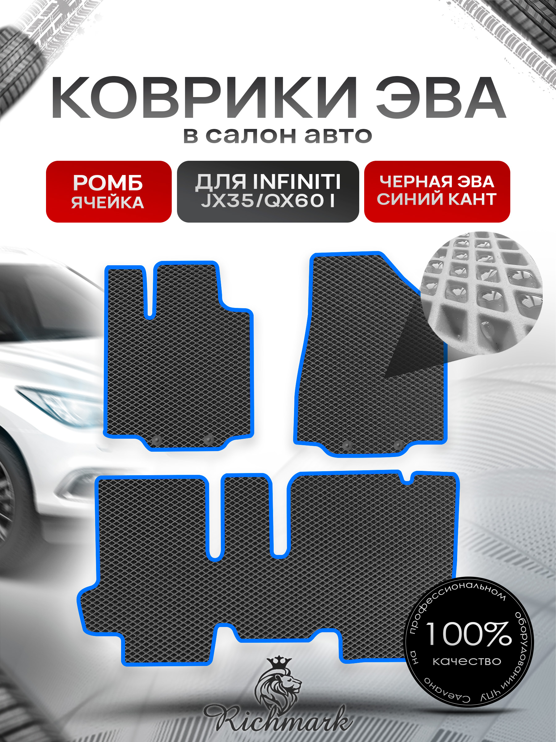 Коврики ЭВА РОМБ для автомобиля Infiniti JX35-QX60 I (5 мест) 2012-2016 / Инфинити Чёрный С Синим Кантом. Ричмарк — фото 1