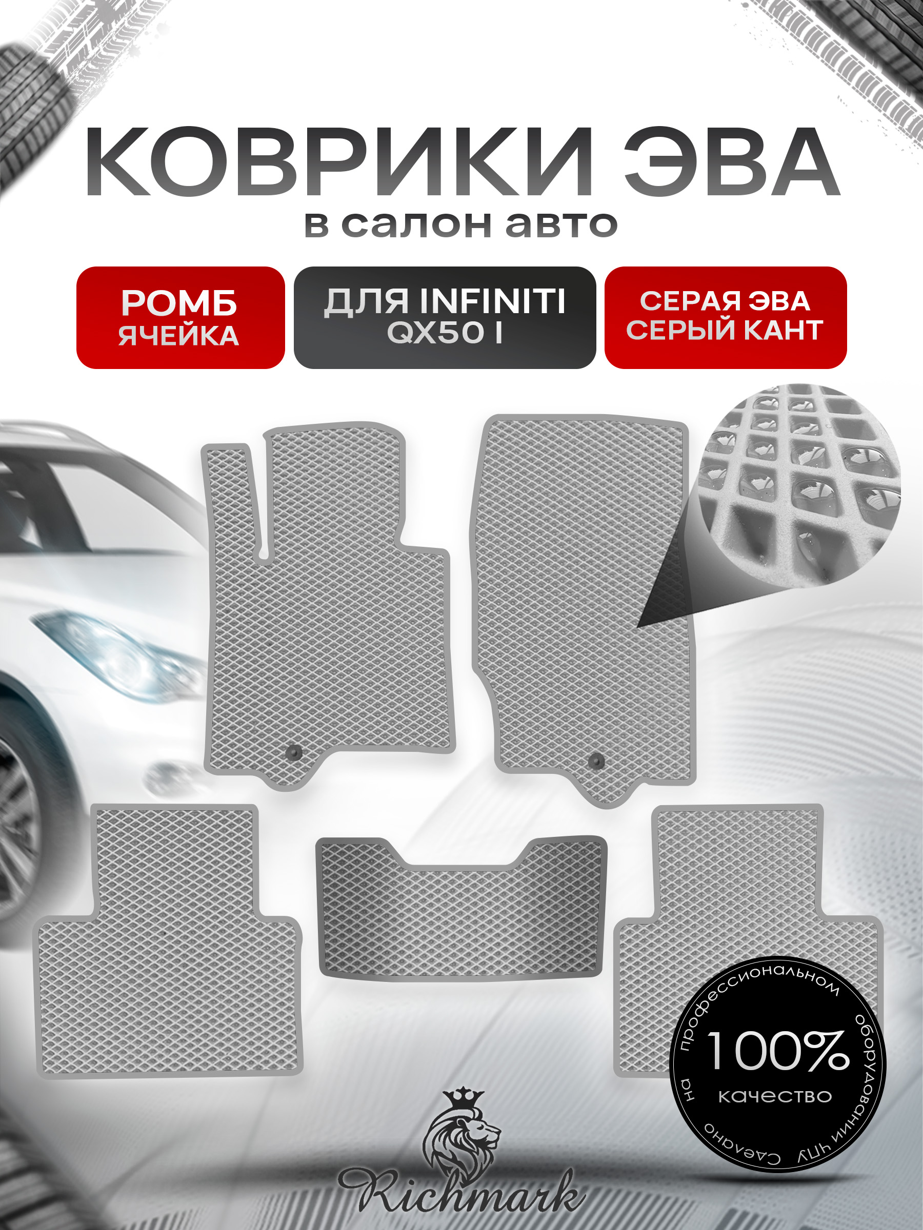 Коврики ЭВА РОМБ для автомобиля Infiniti QX50 I 2013-2017 / Инфинити Серый С Серым Кантом. Ричмарк — фото 1
