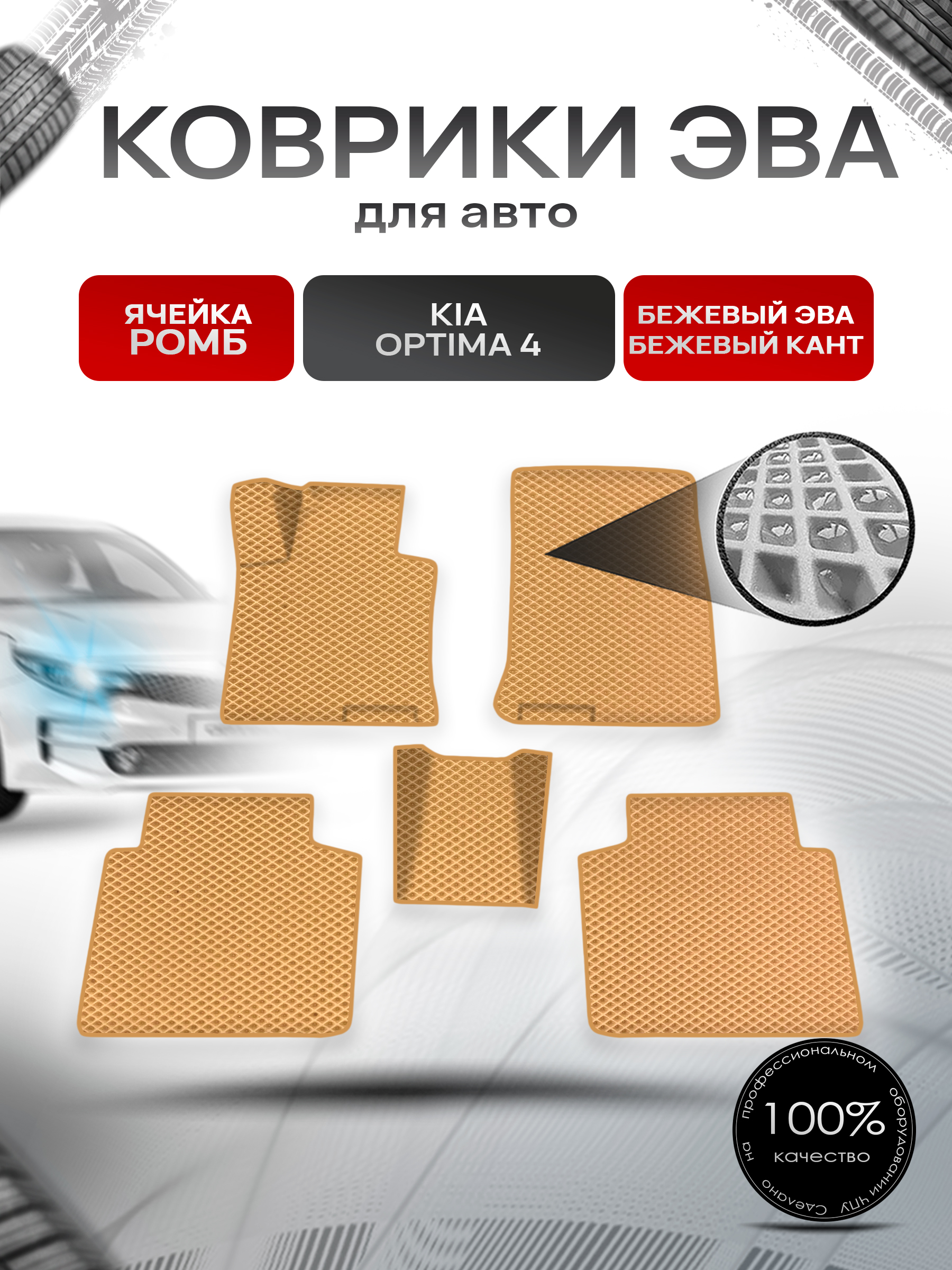 Коврики ЭВА Ромб для авто Киа Оптима / Kia Optima 4 2016-2020 Г.В. Бежевый с Бежевым кантом. Ричмарк — фото 1