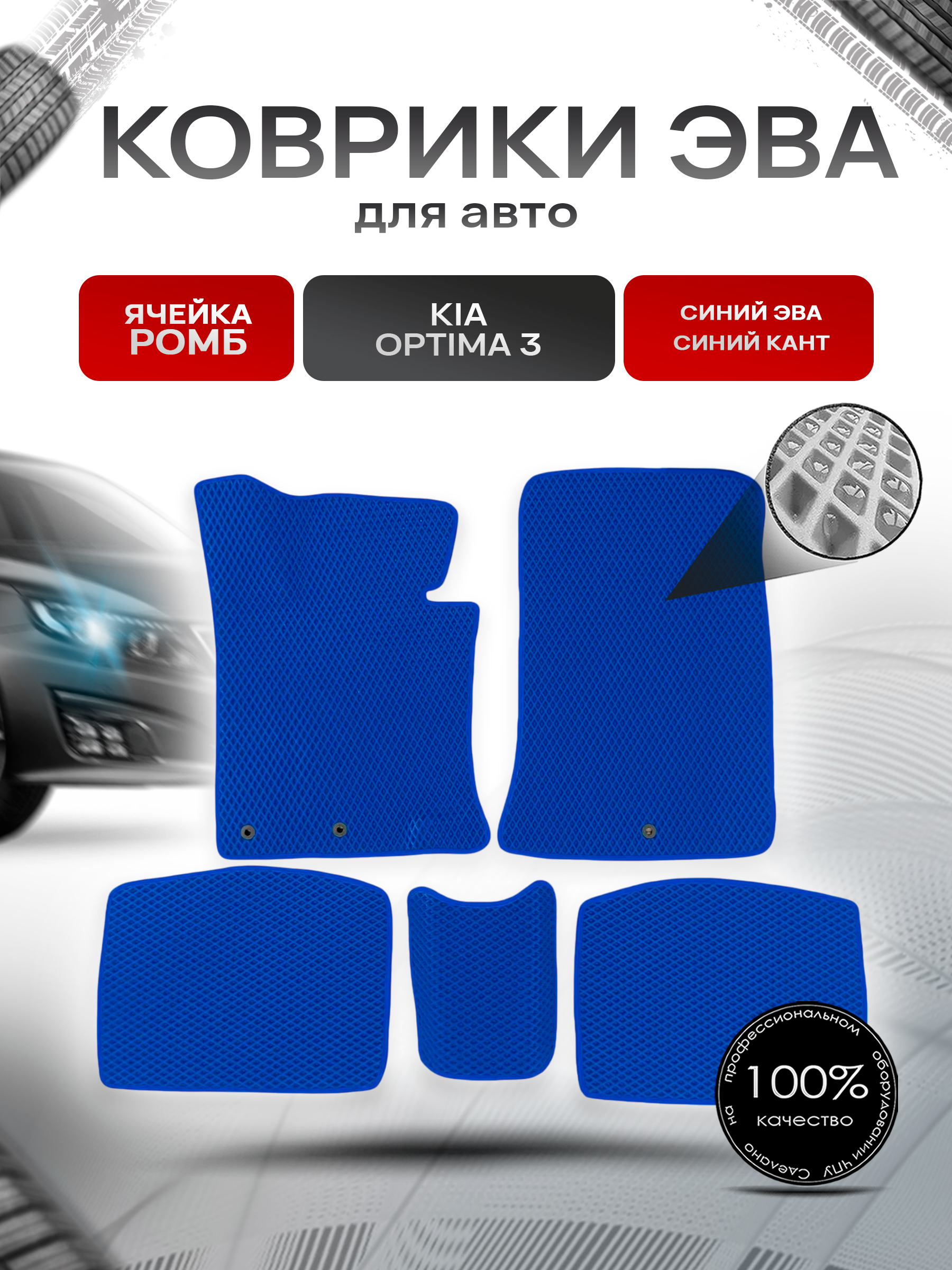 Коврики ЭВА Ромб для авто Kia Optima / Киа Оптима 3 2010-2016 Г.В. Синий с Синим кантом. Ричмарк — фото 1