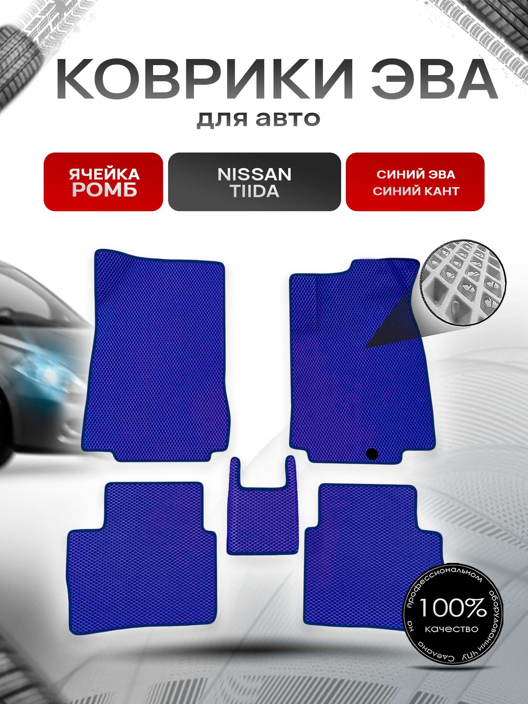 Коврики ЭВА Ромб для авто Nissan Tiida / Ниссан Тиида Правый Руль 2004-2013 Г.В. Синий с Синим кантом. Ричмарк — фото 1