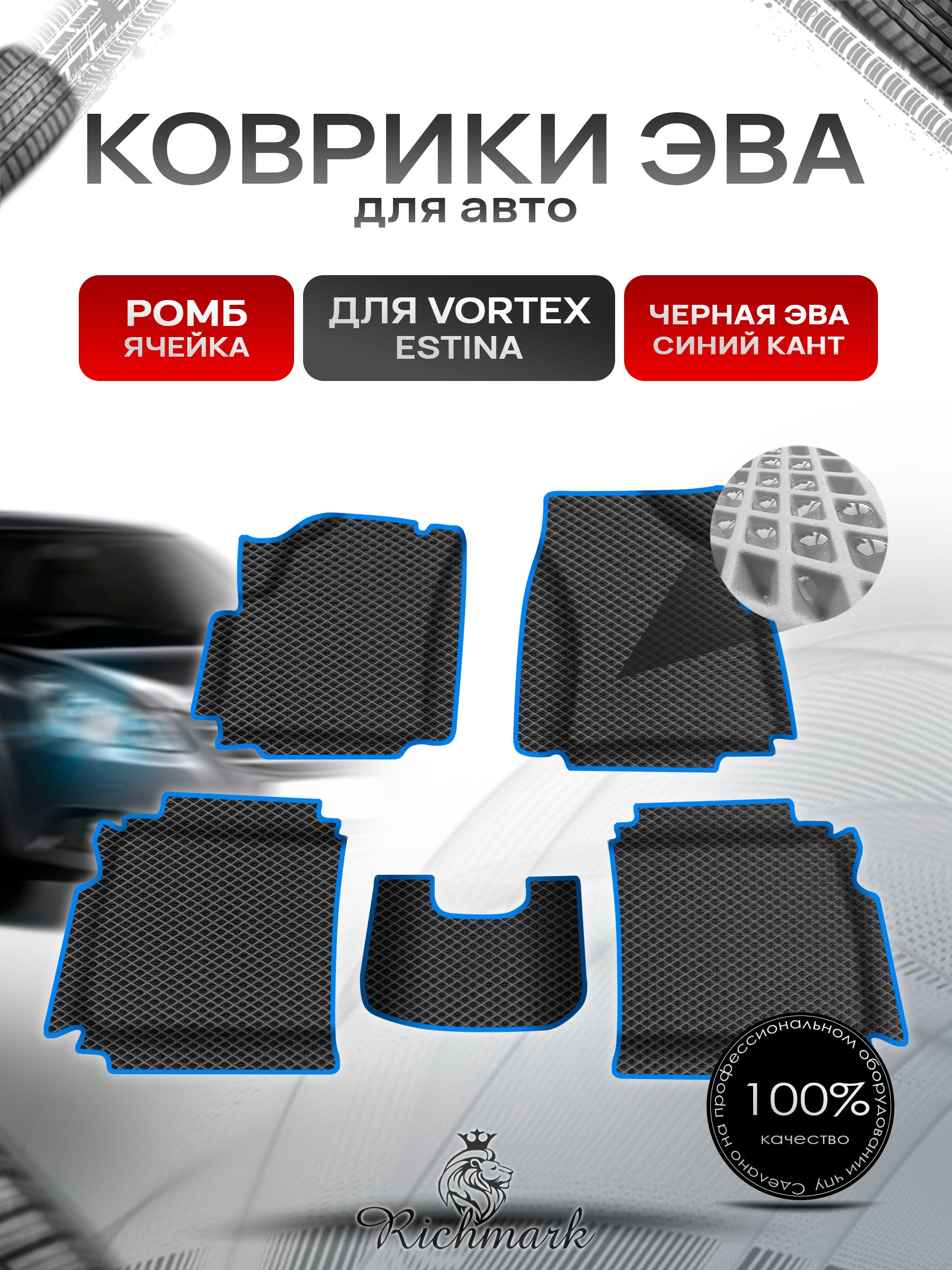 Коврики ЭВА Ромб для авто с бортами Vortex Estina 2008-2014 / Вортекс Эстина Чёрный с Синим кантом. Ричмарк — фото 1