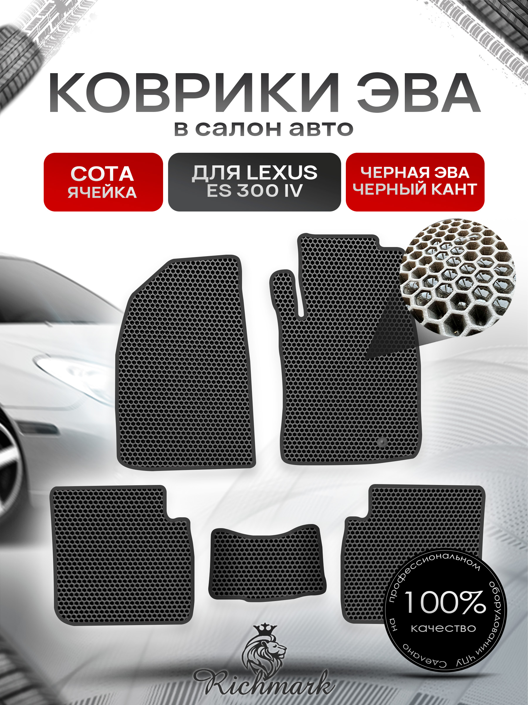 Коврики ЭВА СОТА для автомобиля Lexus ES 300 IV (правый руль) 2001-2006 / Лексус ЕС300 Чёрный С Чёрным Кантом. Ричмарк — фото 1