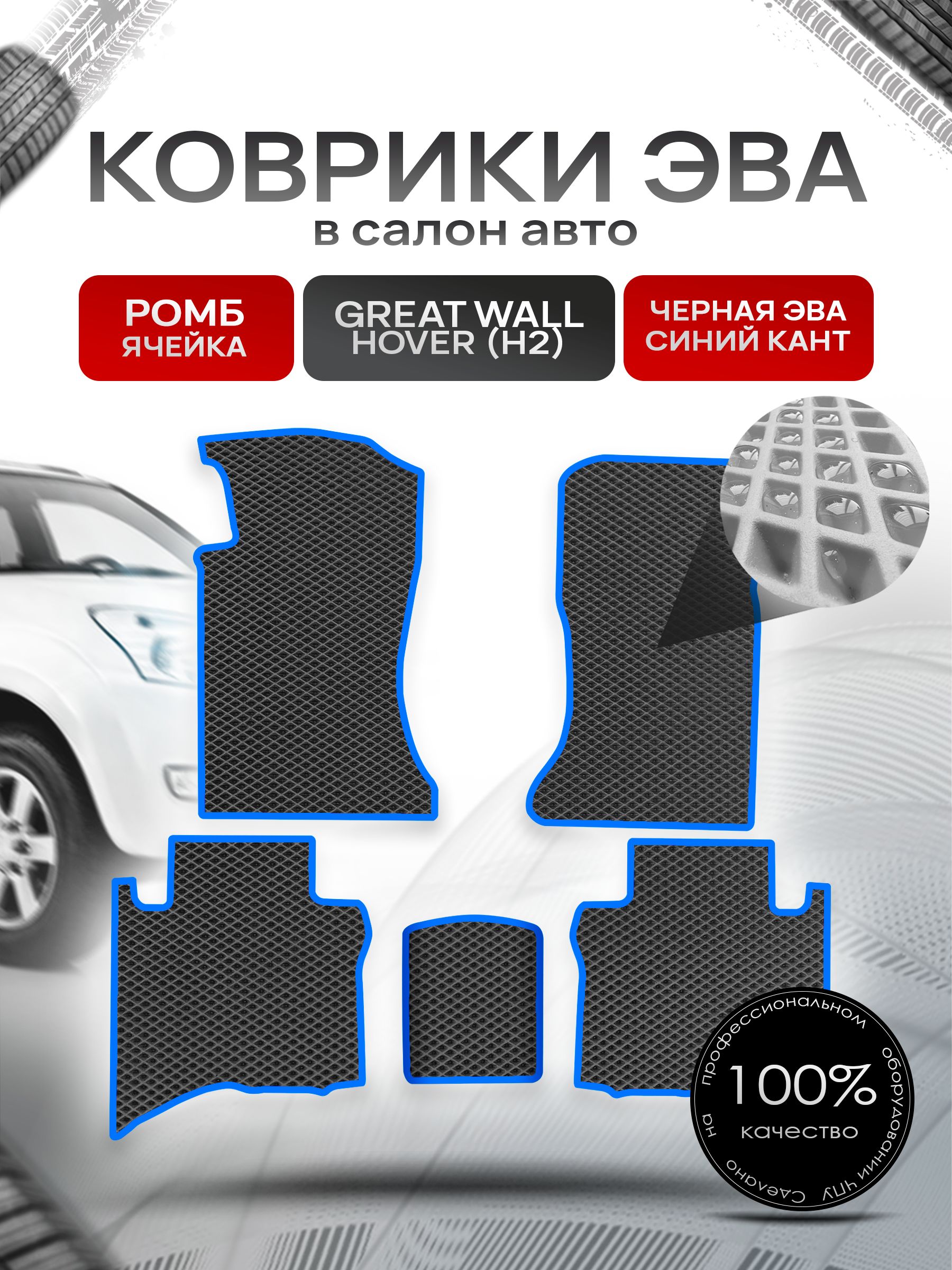 Коврики ЭВА РОМБ для авто Грейт Волл Ховер (5 мест) / Great Wall Hover (H2) 2005-2010 (5 мест) Чёрный С Синим Кантом. Ричмарк — фото 1