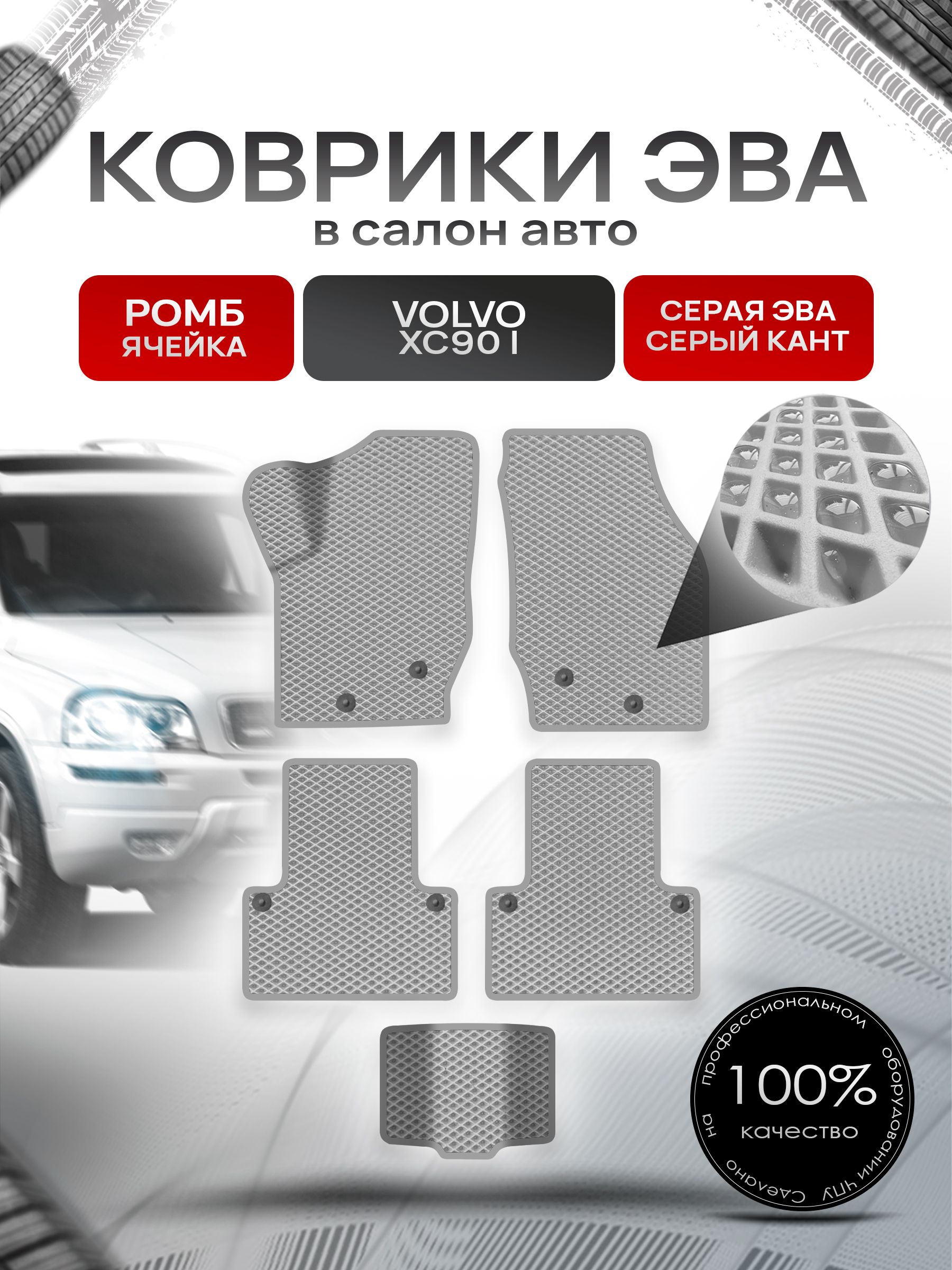 Коврики ЭВА для авто Volvo XC90 / Вольво ХС90 2006-2014 Г.В. Серый С Серым Кантом. Ричмарк — фото 1