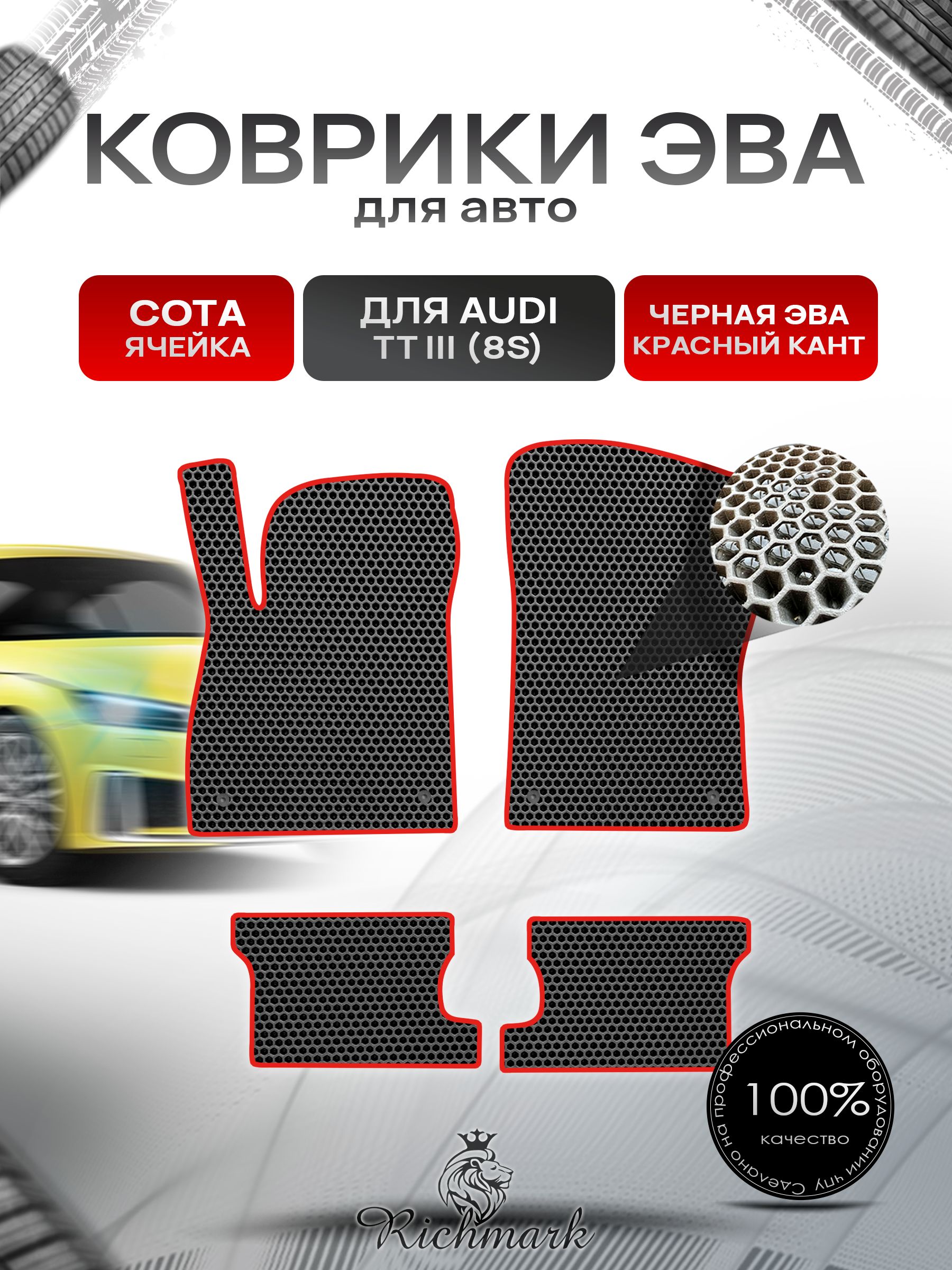 Коврики ЭВА СОТА для автомобиля Audi TT-3 (8S) 2014-2019 / Ауди ТТ 3 поколение Чёрный С Красным Кантом. Ричмарк — фото 1