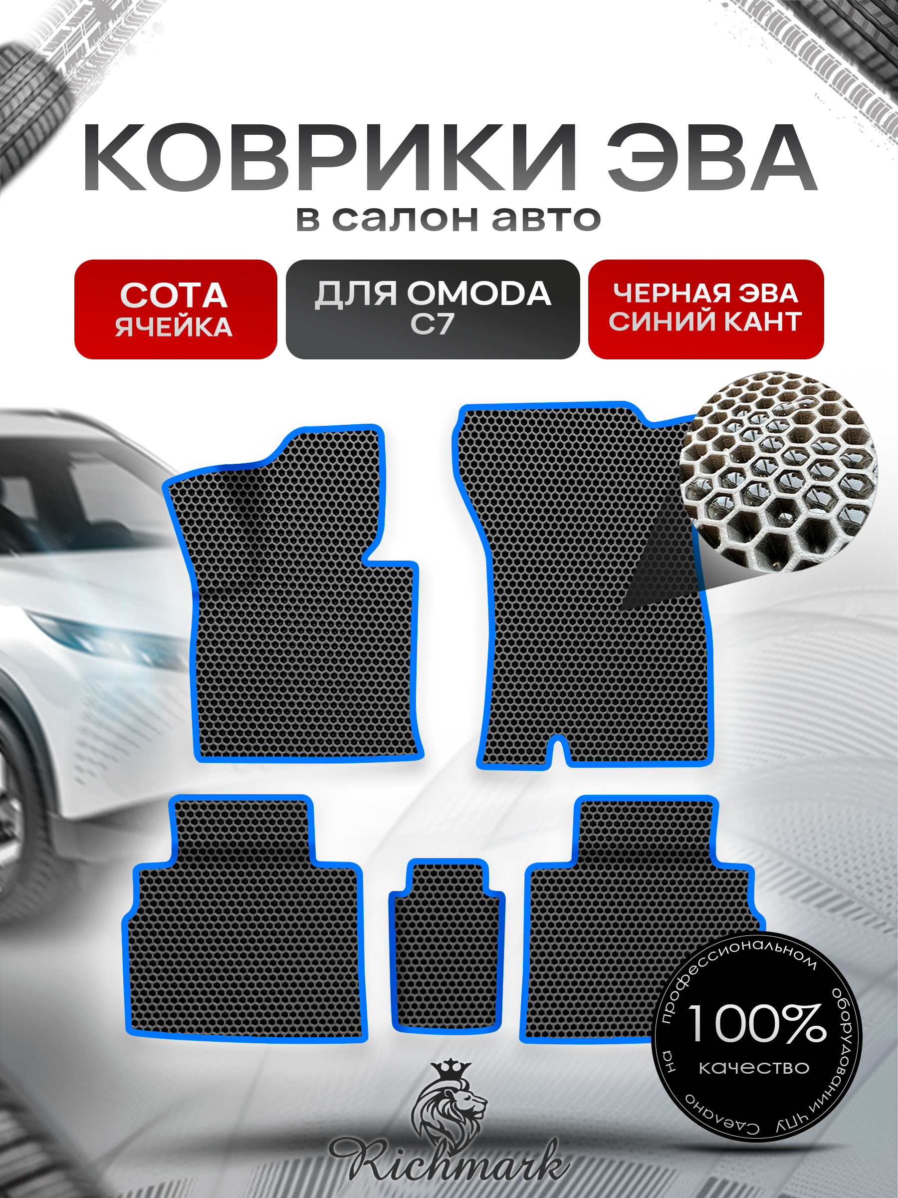 Коврики ЭВА СОТА для автомобиля Omoda C7 2024+ / Омода С7 Чёрный С Синим Кантом. Ричмарк — фото 1