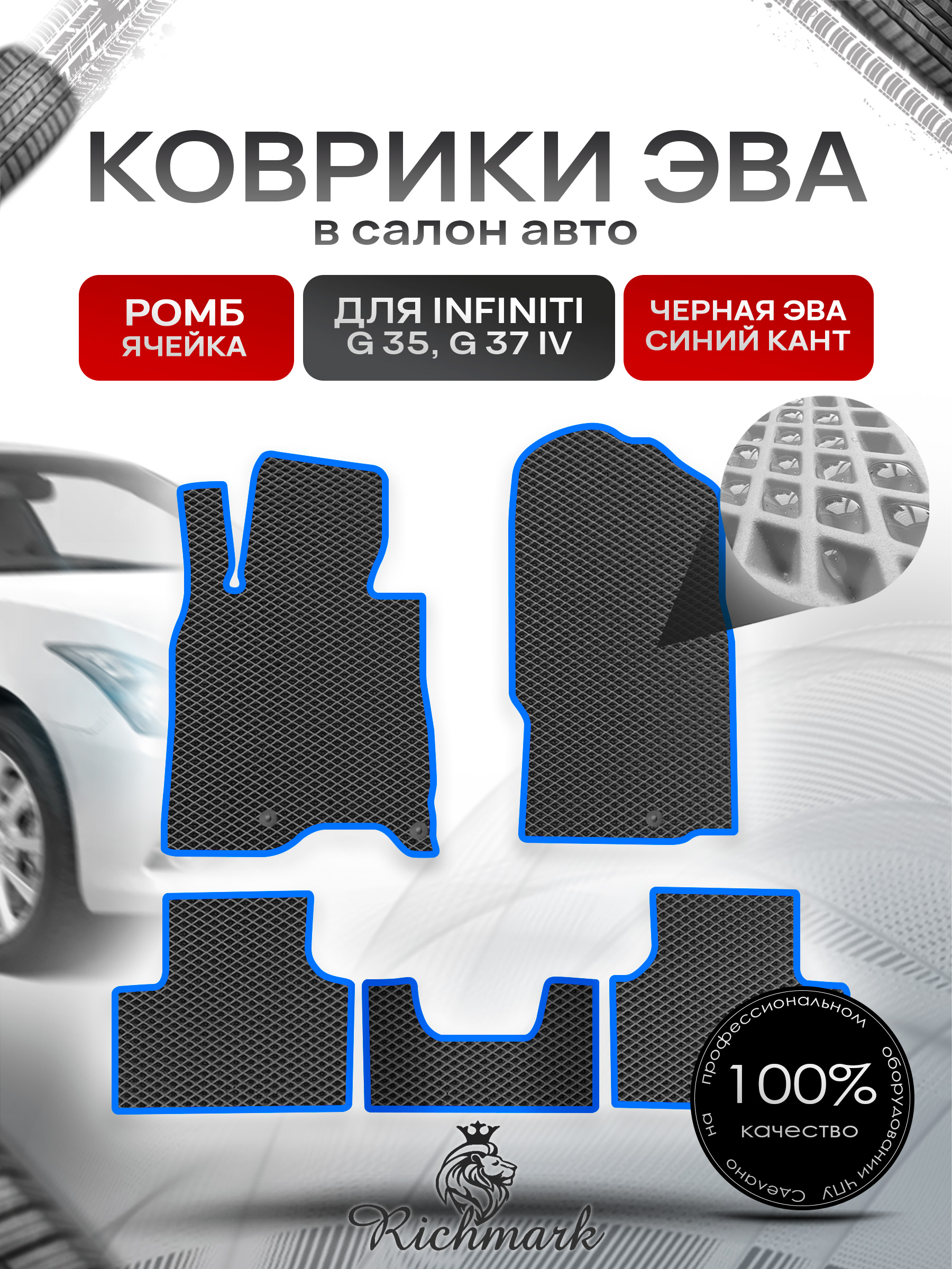 Коврики ЭВА РОМБ для автомобиля Infiniti G35-37 (седан) 2006-2014 / Инфинити Джи35 Чёрный С Синим Кантом. Ричмарк — фото 1