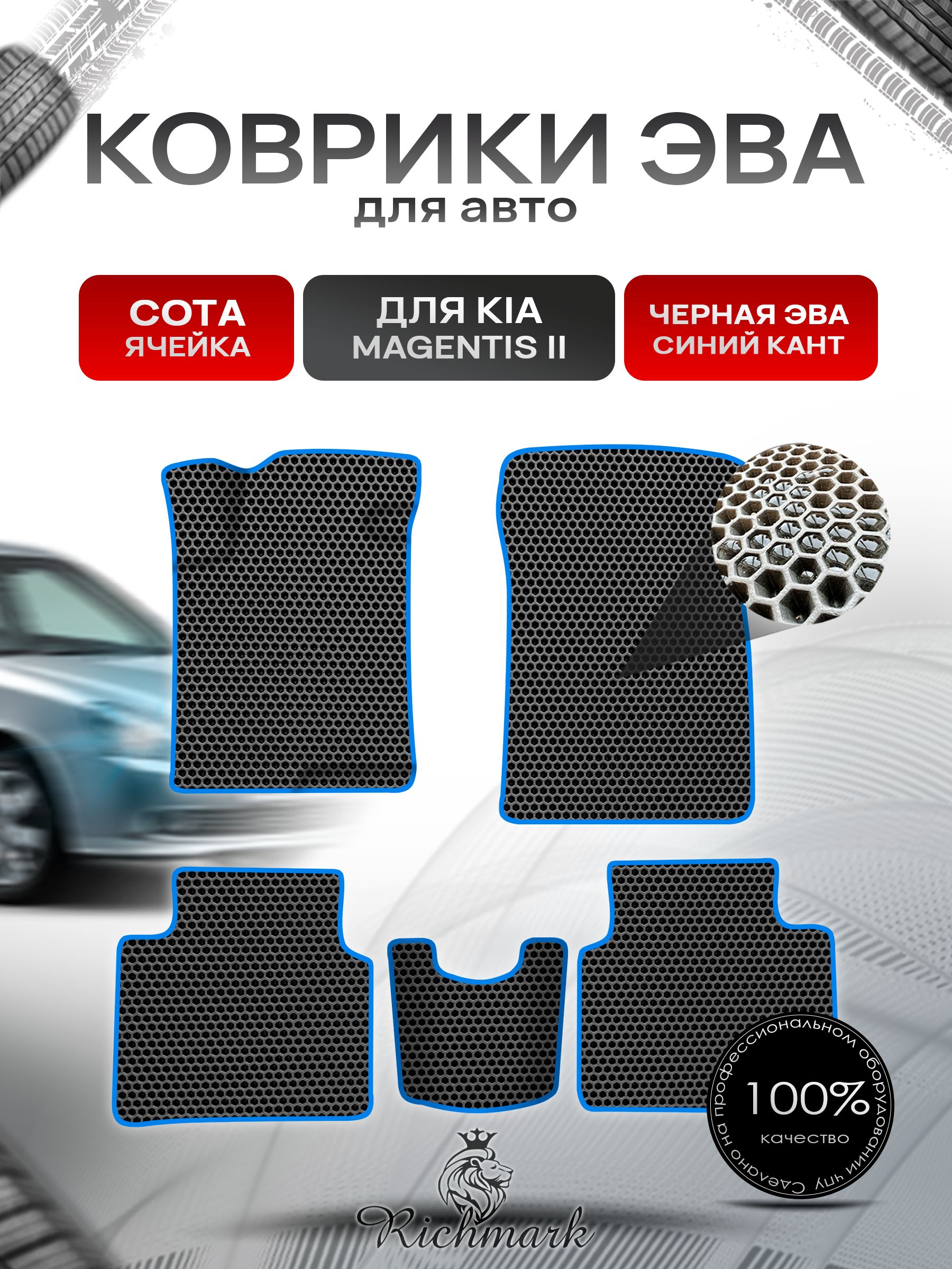 Коврики ЭВА СОТА для автомобиля Kia Magentis 2 2005-2010 / Киа Маджентис 2 Чёрный С Синим Кантом. Ричмарк — фото 1
