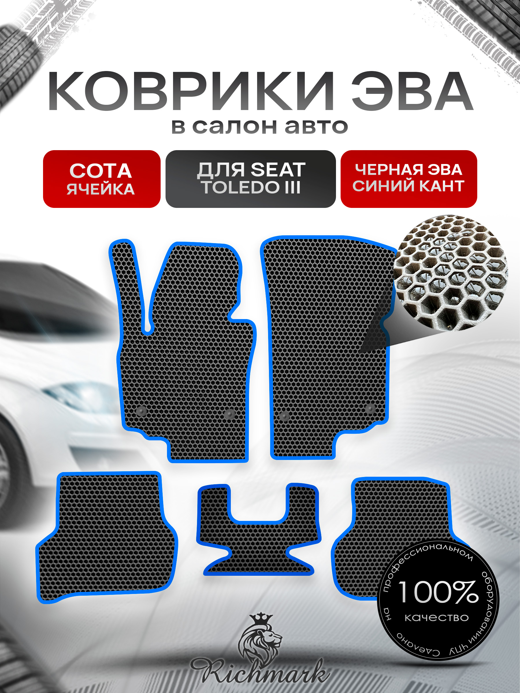 Коврики ЭВА СОТА для автомобиля Seat Toledo III 2006-2012 / Сеат Толедо 3 Чёрный С Синим Кантом. Ричмарк — фото 1