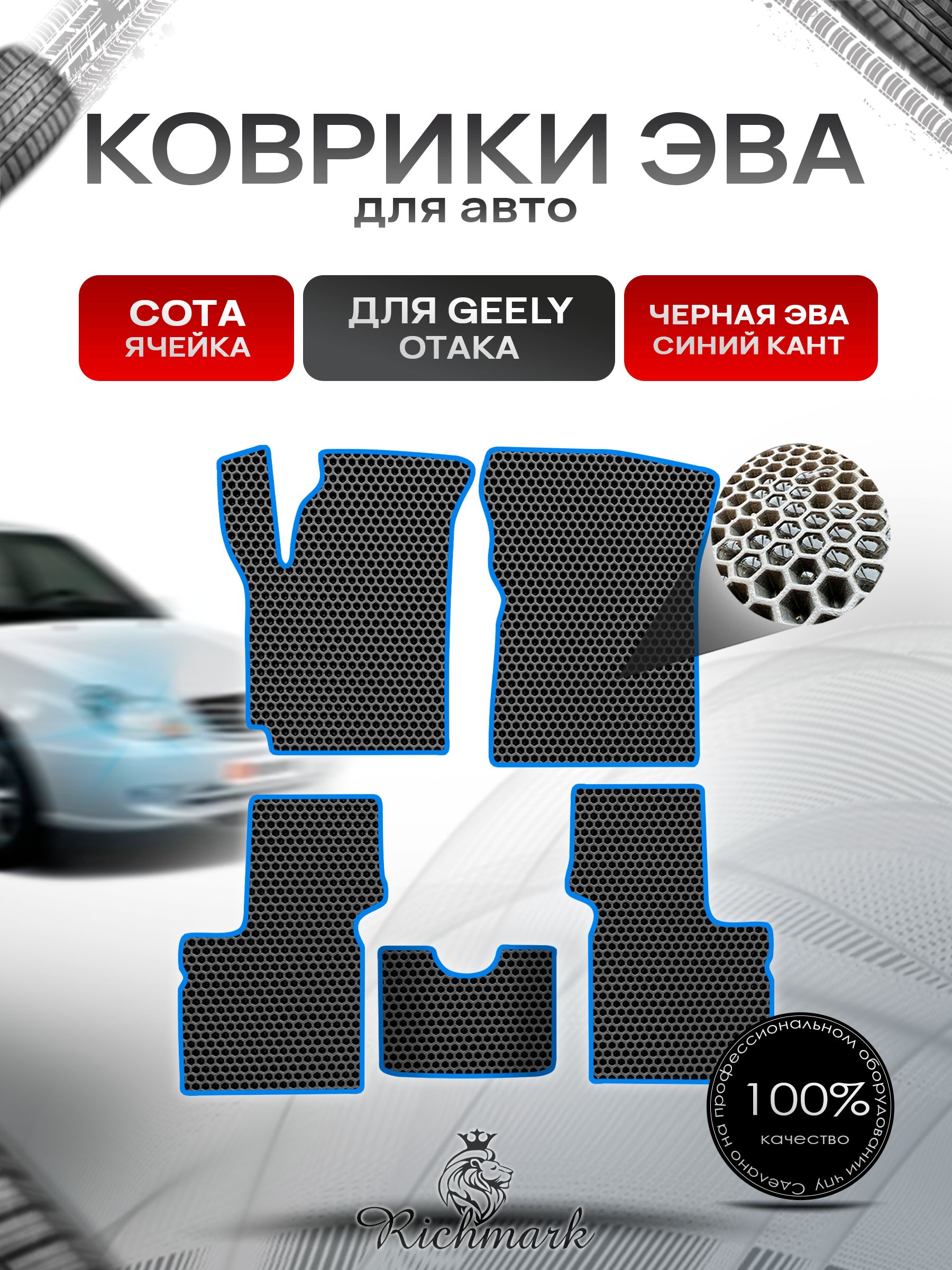 Коврики ЭВА СОТА для автомобиля Geely Otaka 2005-2016 / Джили Отака Чёрный С Синим Кантом. Ричмарк — фото 1