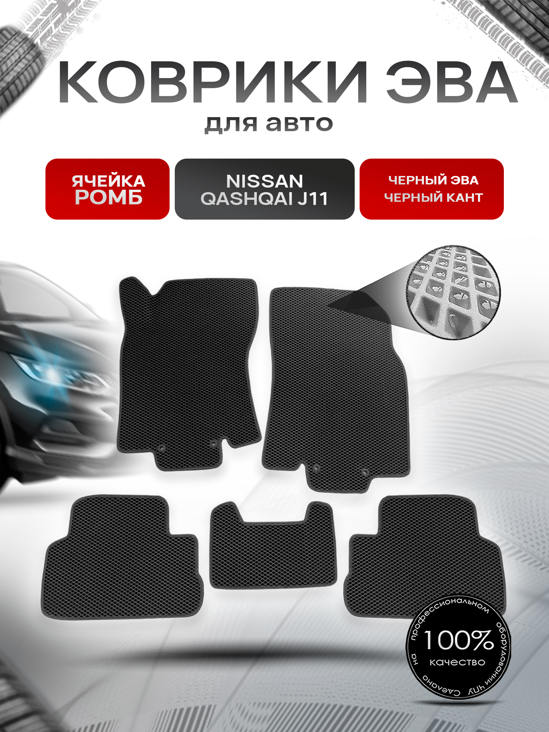 Коврики ЭВА Ромб для авто Nissan Qashqai / Ниссан Кашкай (Российская сборка) J11 2013-2021 Г.В. Чёрный с Чёрным кантом. Ричмарк — фото 1