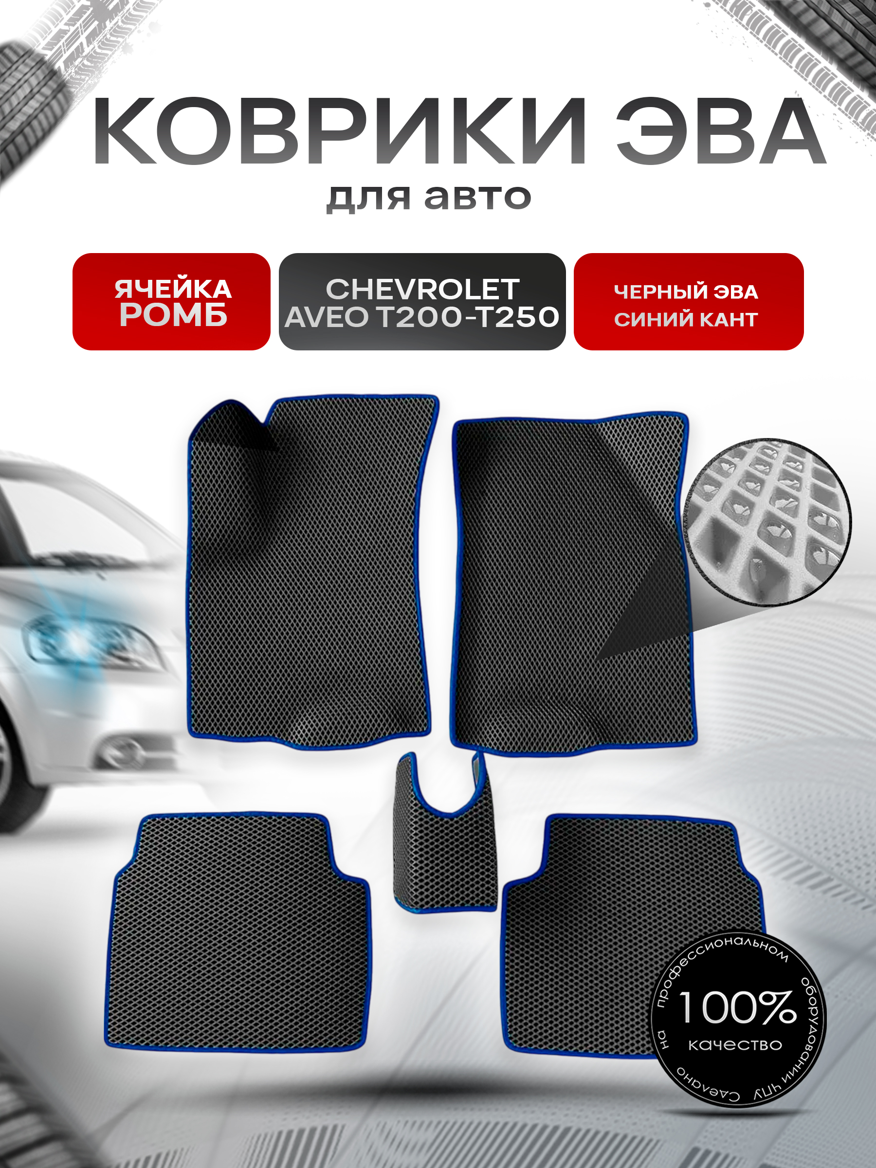 Коврики ЭВА для авто Chevrolet Aveo / Шевроле Авео (T200-T250) 2006-2012 Г.В. Чёрный С Синим Кантом. Ричмарк — фото 1