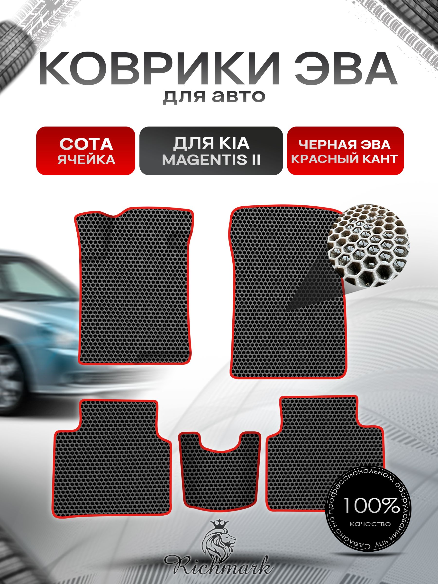 Коврики ЭВА СОТА для автомобиля Kia Magentis 2 2005-2010 / Киа Маджентис 2 Чёрный С Красным Кантом. Ричмарк — фото 1