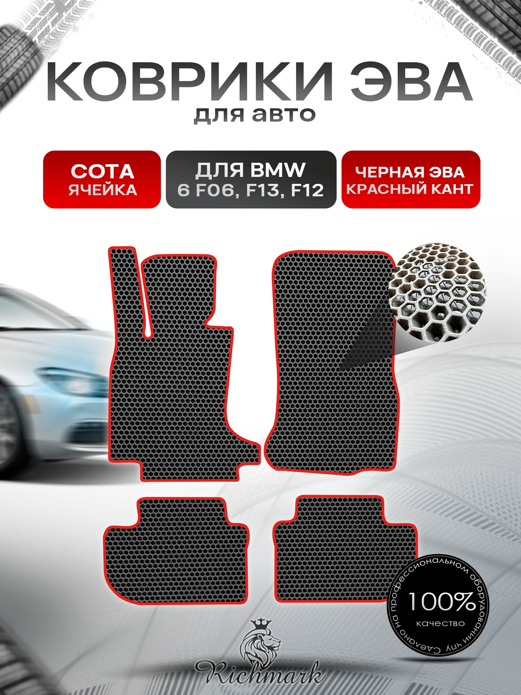 Коврики ЭВА СОТА для автомобиля BMW 6 (F06 F13 F12) 2011-2018 / БМВ (Ф06 Ф13 Ф12) Чёрный С Красным Кантом. Ричмарк — фото 1