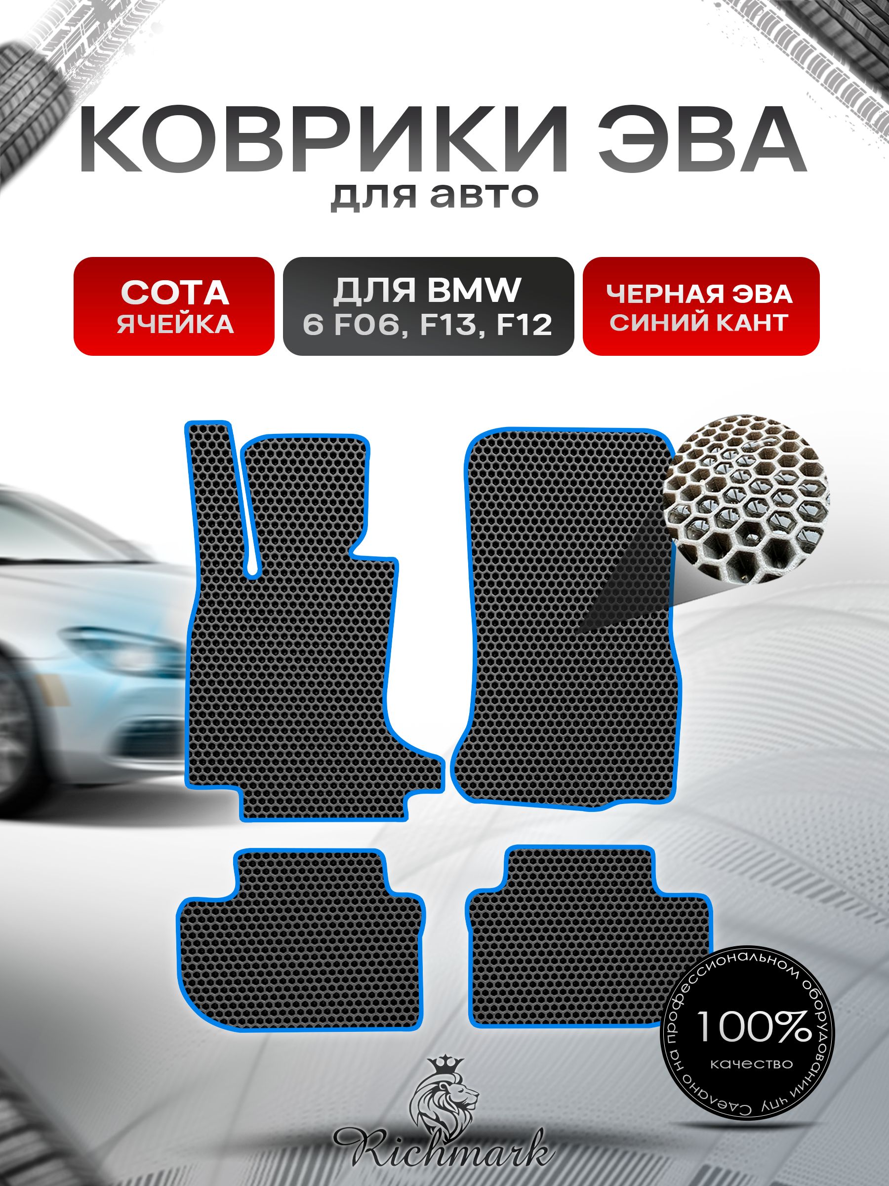 Коврики ЭВА СОТА для автомобиля BMW 6 (F06 F13 F12) 2011-2018 / БМВ (Ф06 Ф13 Ф12) Чёрный С Синим Кантом. Ричмарк — фото 1