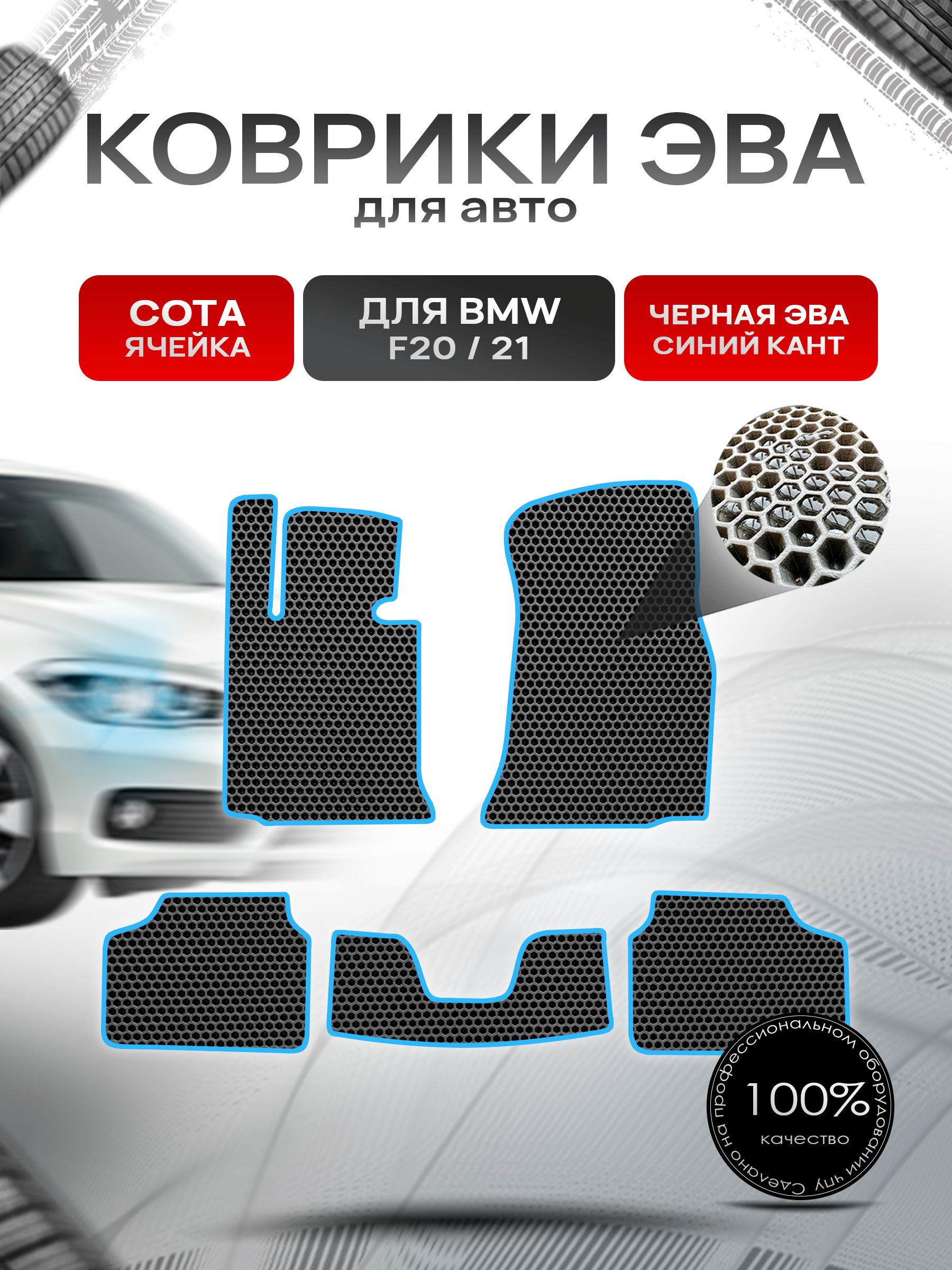 Коврики ЭВА СОТА для авто BMW F20,21 2011-2019 / БМВ Ф20,21 Чёрный С Синим Кантом. Ричмарк — фото 1