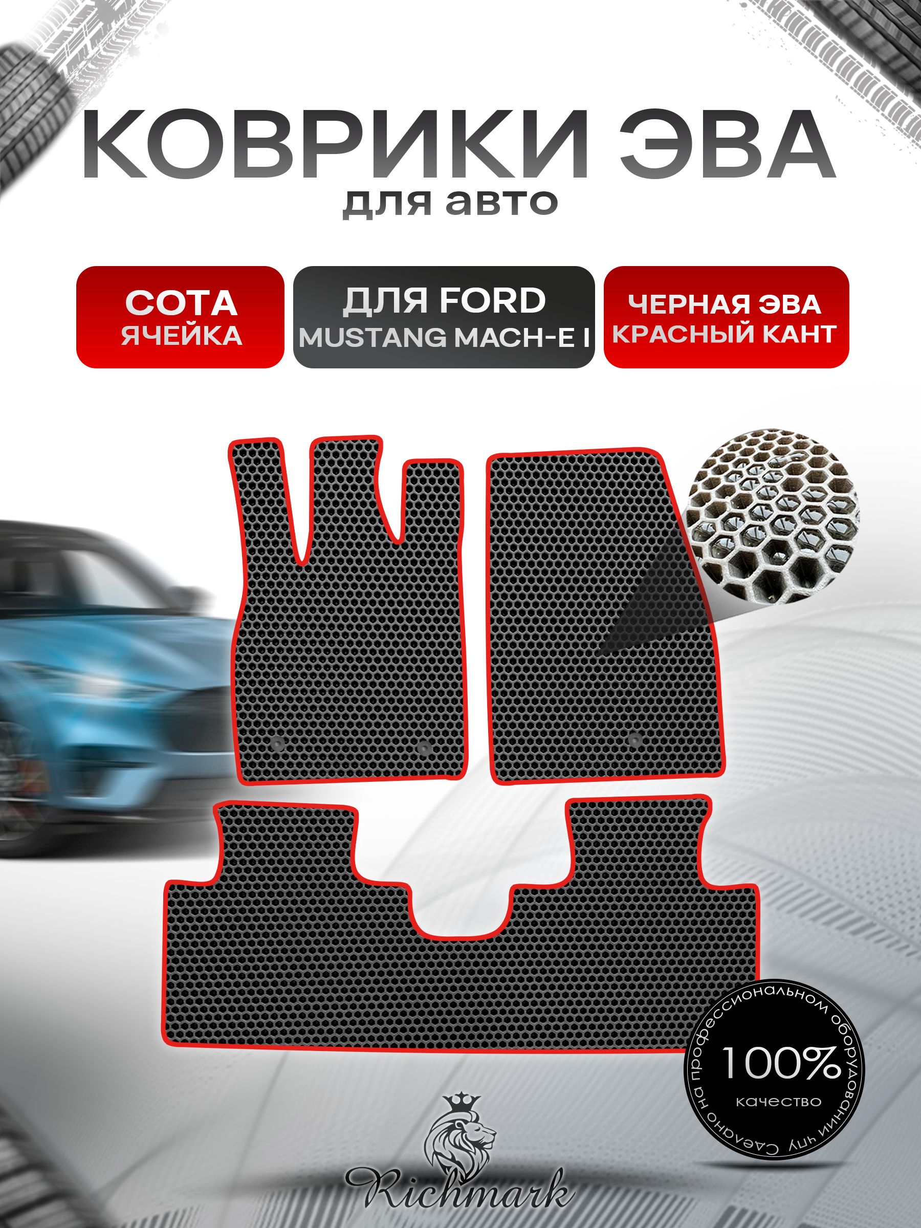 Коврики ЭВА СОТА для автомобиля Ford Mustang Mach-E 2020+ / Форд Мустанг Марч-Е Чёрный С Красным Кантом. Ричмарк — фото 1