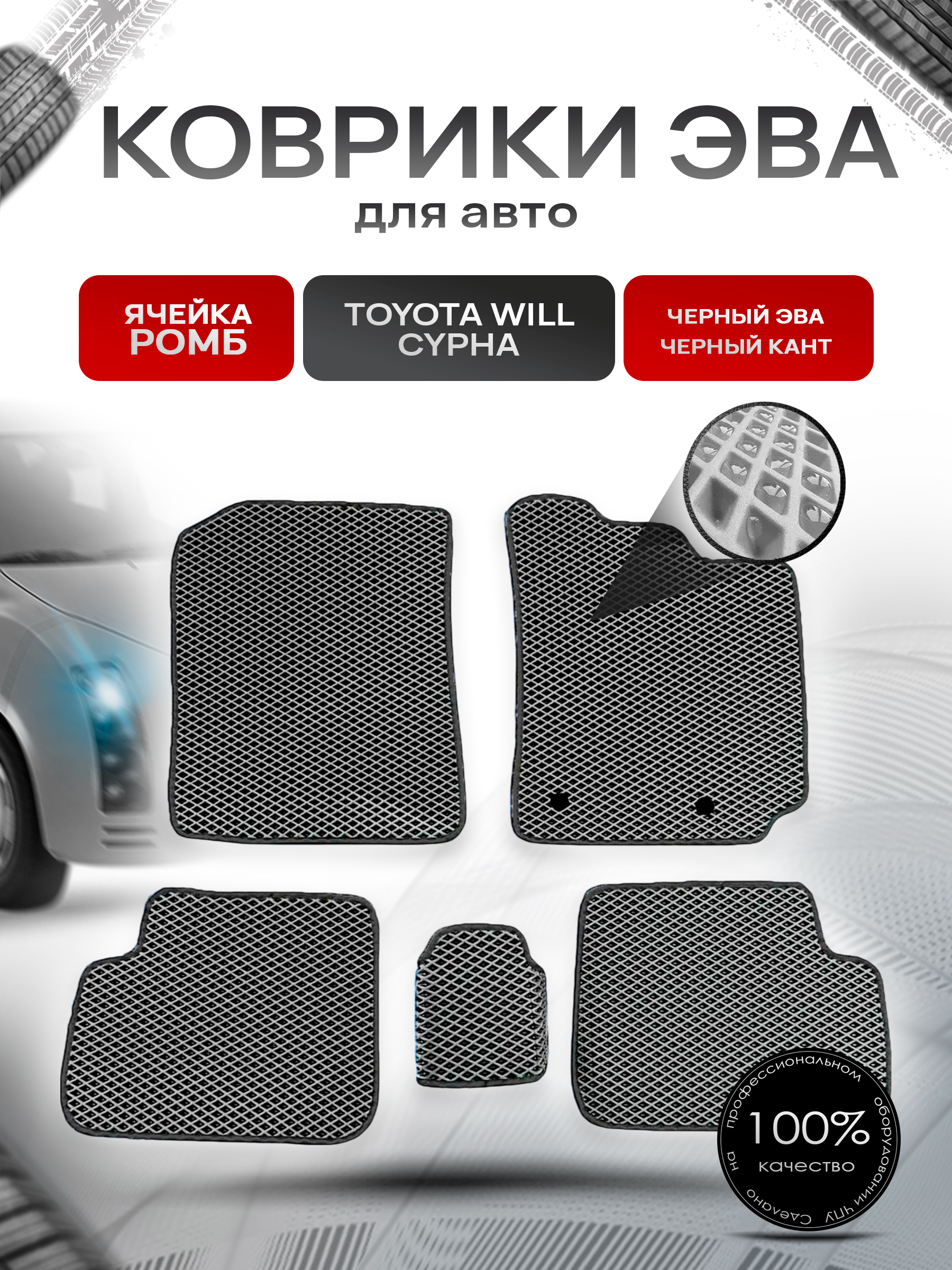 Коврики ЭВА для авто Toyota WiLL Cypha Правый руль 2002-2005 Г.В. Чёрный С Чёрным Кантом. Ричмарк — фото 1