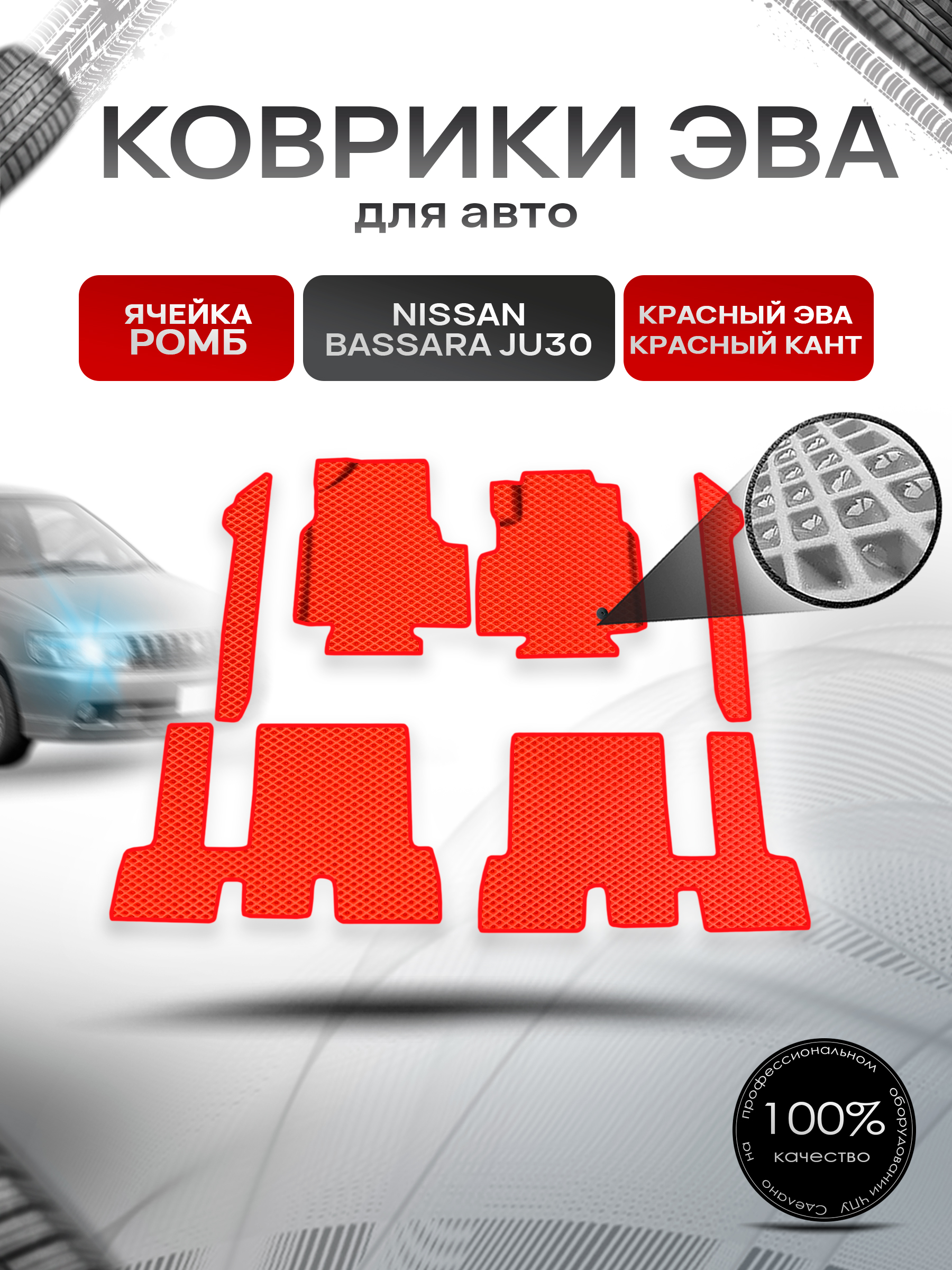 Коврики ЭВА Ромб для авто Nissan bassara ju30 пр. Руль Г.В. Красный с Красным кантом. Ричмарк — фото 1