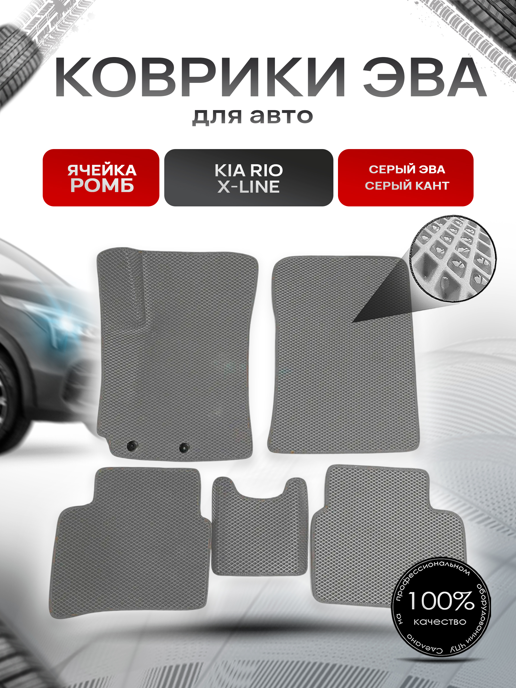 Коврики ЭВА для авто Kia Rio / Киа Рио X-Line 2017-2021 Г.В. Серый С Серым Кантом. Ричмарк — фото 1