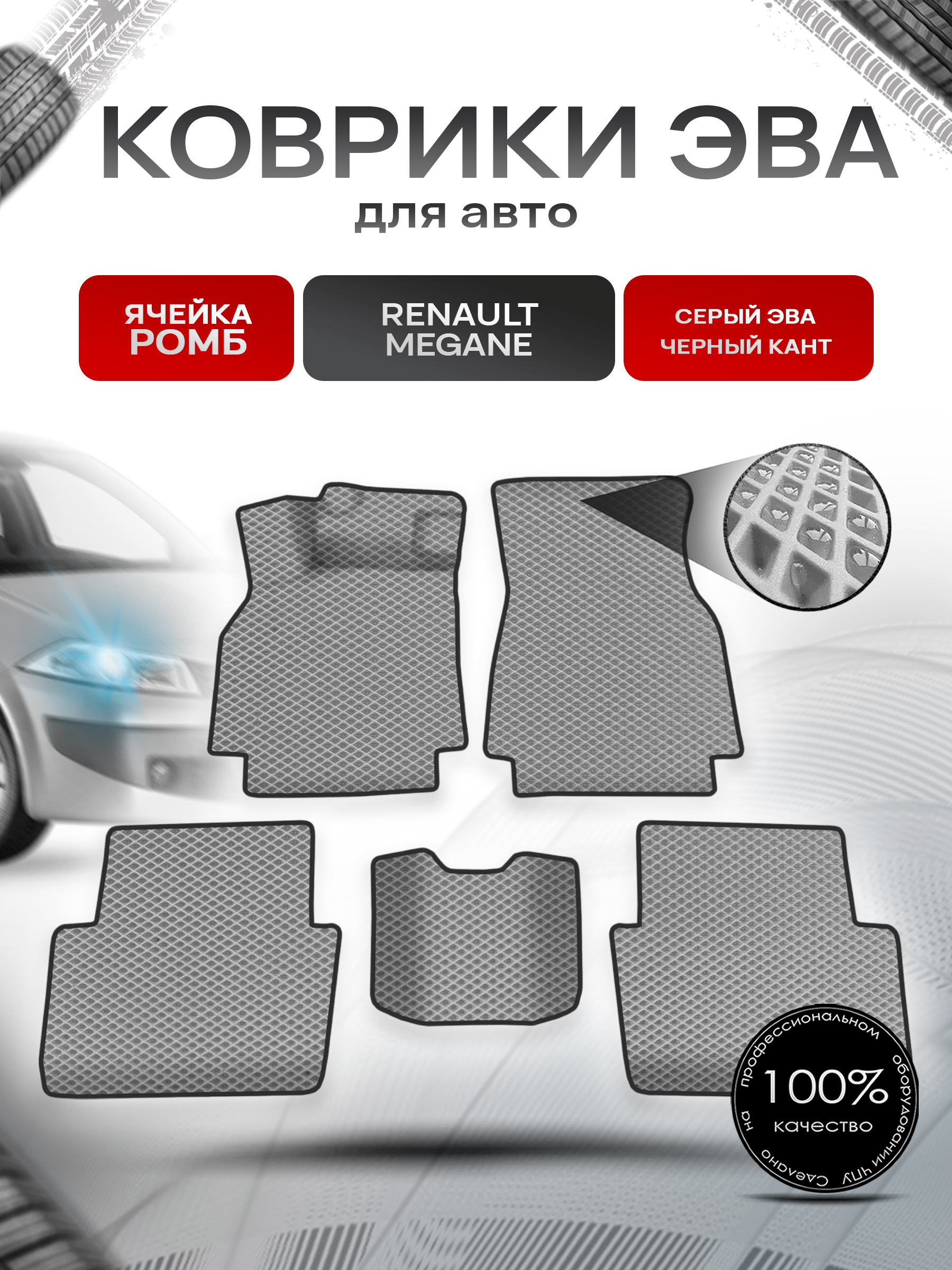 Коврики ЭВА для авто Renault Megane / Рено Меган 2002-2006 Г.В. Серый С Чёрным Кантом. Ричмарк — фото 1