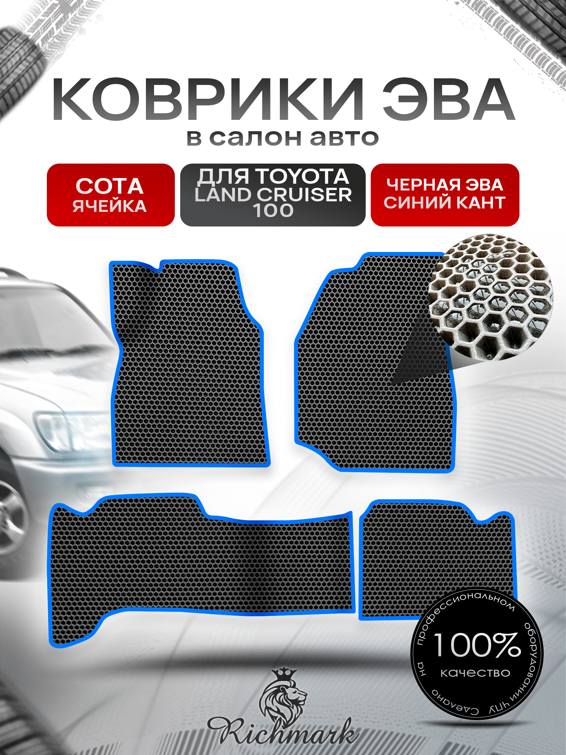 Коврики ЭВА СОТА для авто Тойота Лэнд круйзер 100 / Toyota Land Cruiser 100 1998-2007 Г.В. Чёрный с Синим кантом. Ричмарк — фото 1