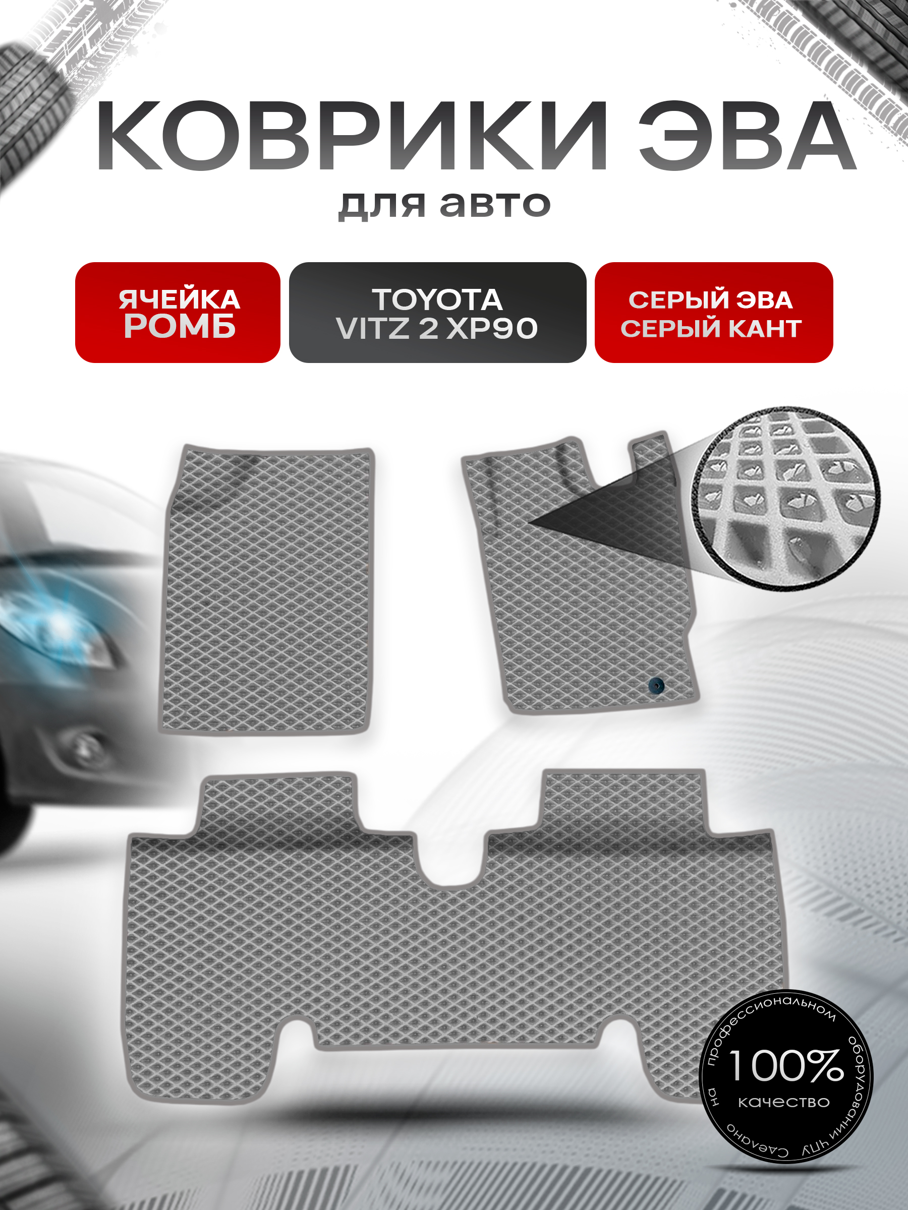 Коврики ЭВА Ромб для авто Toyota Vitz 2 (XP90) / Тойота Витз 2 2005-2010 пр.руль Г.В. Серый с Серым кантом. Ричмарк — фото 1