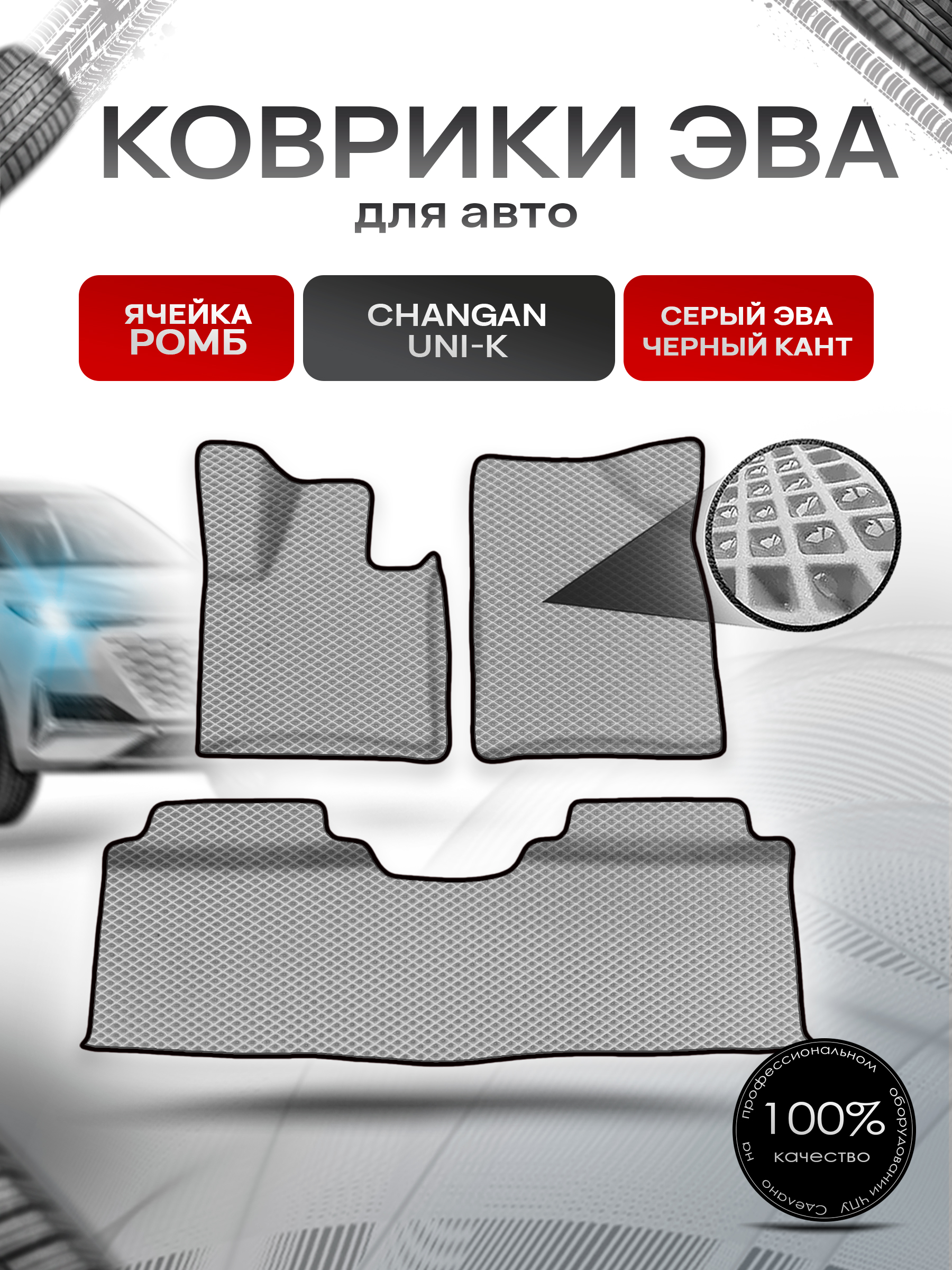 Коврики ЭВА Ромб для авто Changan UNI-K / Чанган УНИ-К 2022+ (с бортами) Серый с Чёрным кантом. Ричмарк — фото 1