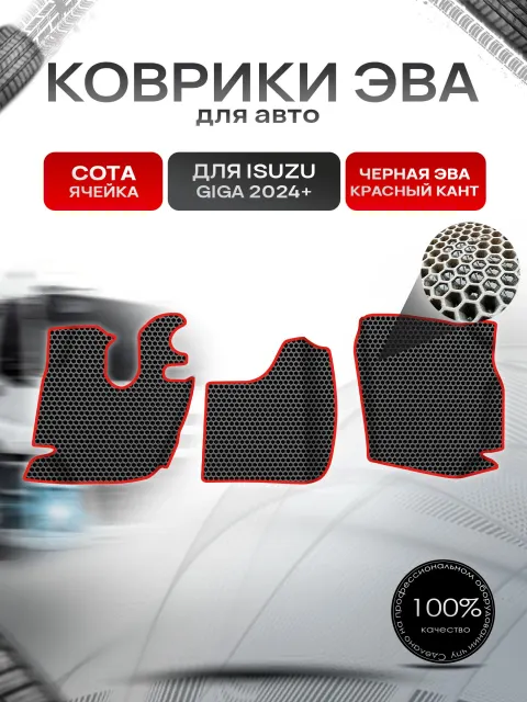 Коврики ЭВА СОТА для авто с бортами Isuzu Giga 2024+ Чёрный с Красным кантом. Ричмарк