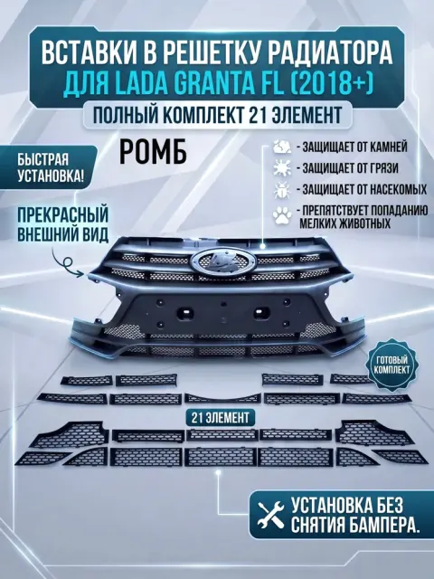 Комплект вставок защита в решетку радиатора бампера для Гранта 2018+ и Гранта Кросс Ромб. Ричмарк